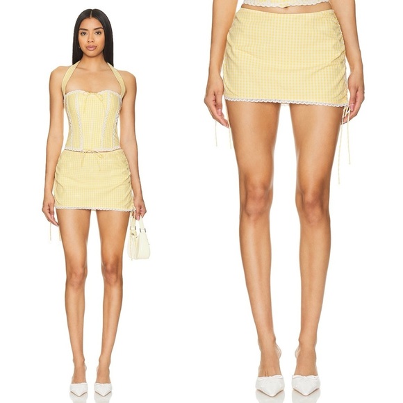 NEW! Guizio- Gingham Ruched Side Tie Mini Skirt in Limoncello Size Large Yellow - Picture 1 of 9